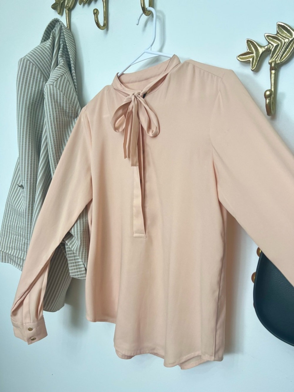 Tie-Neck Long Sleeve Blouse in Light Peach S